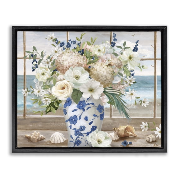 Stupell Industries Seashells & Flowers Windowsill Black Framed Floater Canvas Wall Art, design by Nan