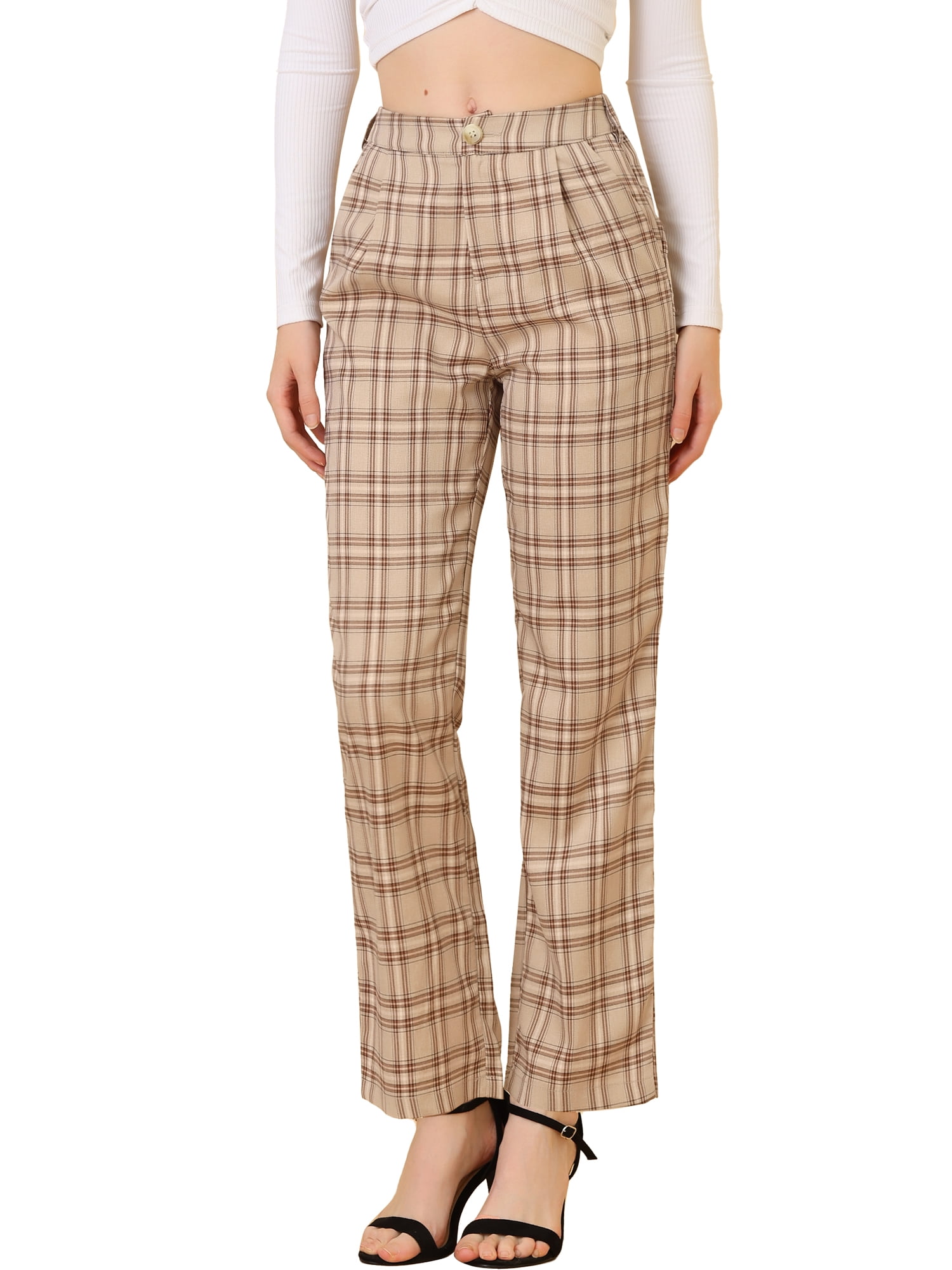 DARING DIVA Women's Plaid Trousers Pockets Straight Leg Casual Pant L Light Khaki Brown