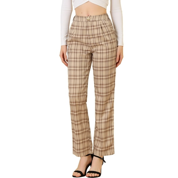 Pantalones largos rectos de cintura elástica con botones y cremallera de cuadros para mujer Inspire Chic en color caqui claro y marrón