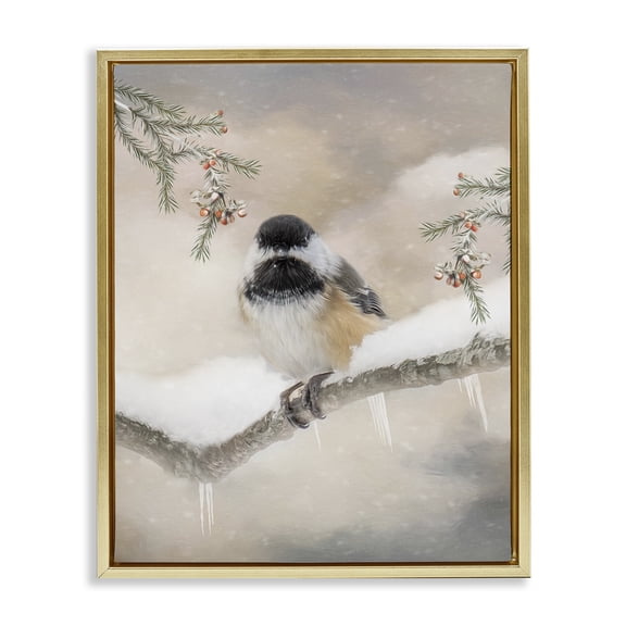Stupell Industries Rustic Lodge Bird on Winter Branch Gold Floating Frame Canvas Art, 17 x 21, by Kelley Parker