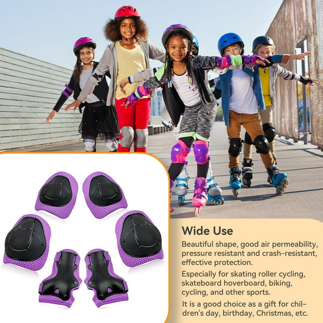 Ensemble de 6 Genouillères Protège-Poignets en Mousse 6 Pcs Protège-Poignets Robustes Respirant Résistant à la Pression Protège-Main Vélos à Roulettes Planche à Roulettes Patinage Conduite Violet