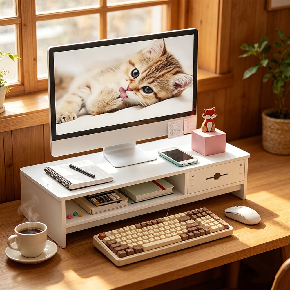 White Monitor Stand, Monitor Riser for Desk & Laptop, Computer Stand with Drawer