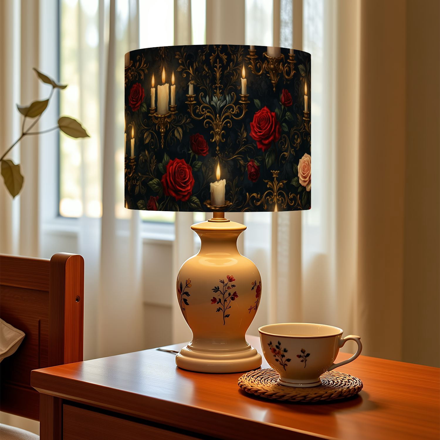 Gothic Linen Drum Lampshades Gothic Red Roses Candles Dark Floral 13"x13"x10" Light Shade for Table Lamps Floor Lamp Shades Lampshade Replacement Assembly Required