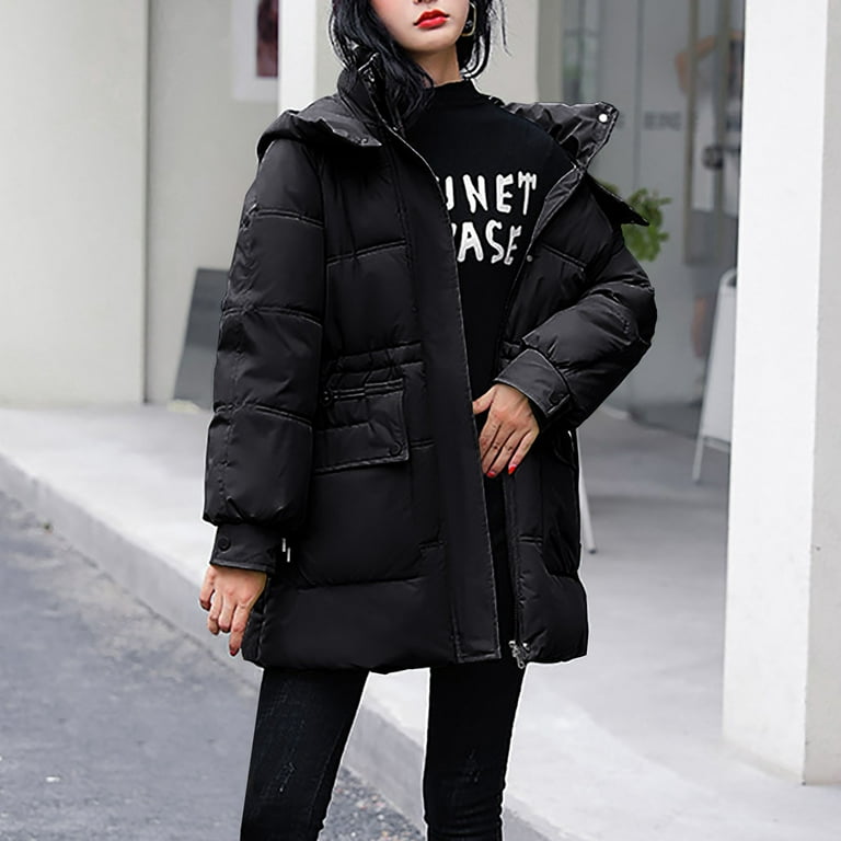 Dolkfu Mid-Length Jacket for Women Heavyweight Black Solid Thicken