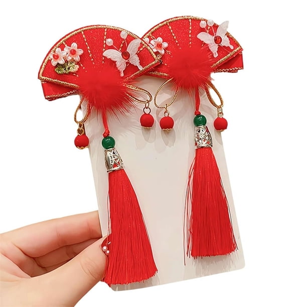 Diadema Hanfu estilo rojo para niños, horquilla antigua con borla, pinza para el cabello, accesorios para el cabello de Feliz Año Nuevo