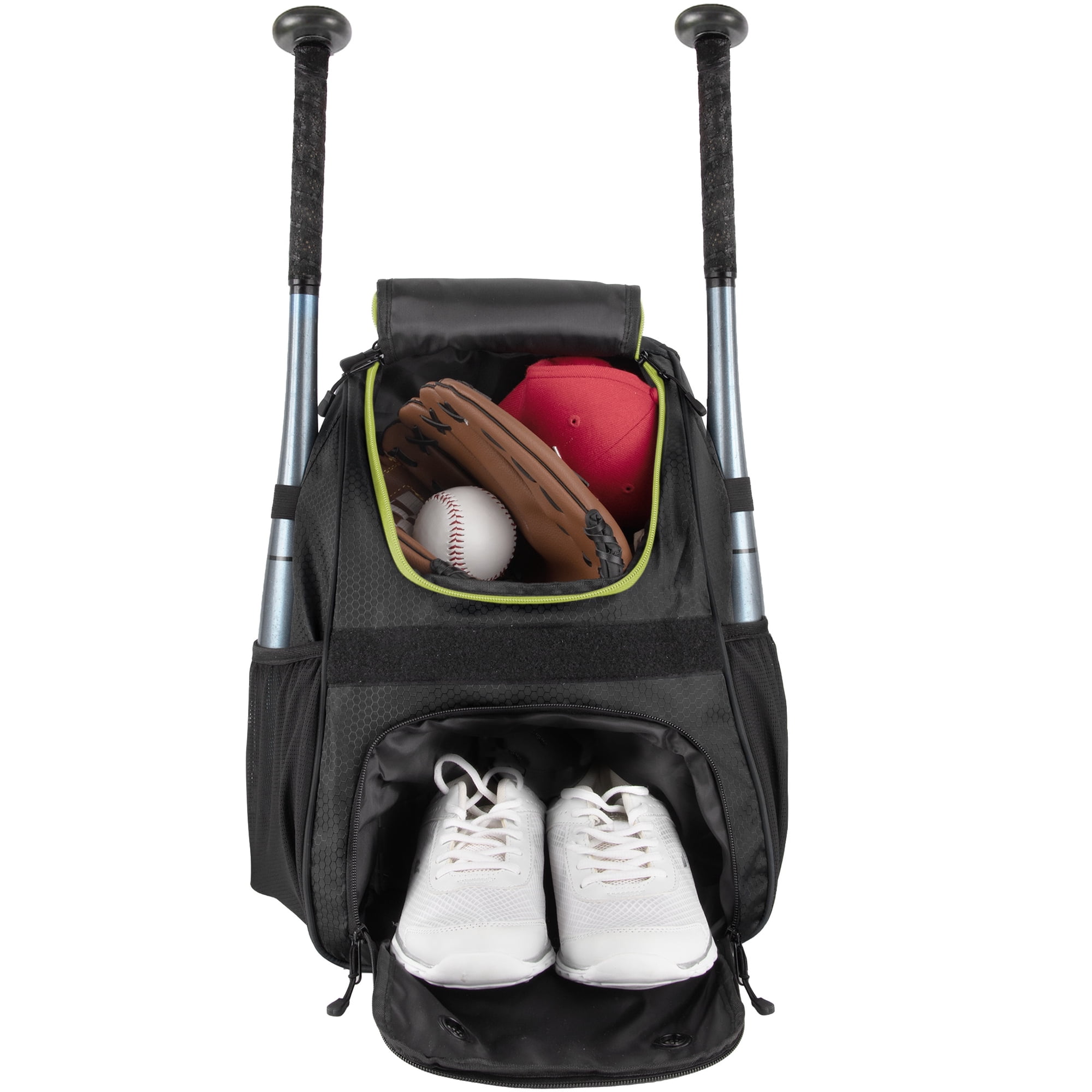 Summit Ridge 17" Baseball Backpack with Bat Holders, Vented Shoe Compartment, Fleece Tech Pocket, Ripstop Sports Bag for Baseball, Softball & Travel (Black & Electric Green)