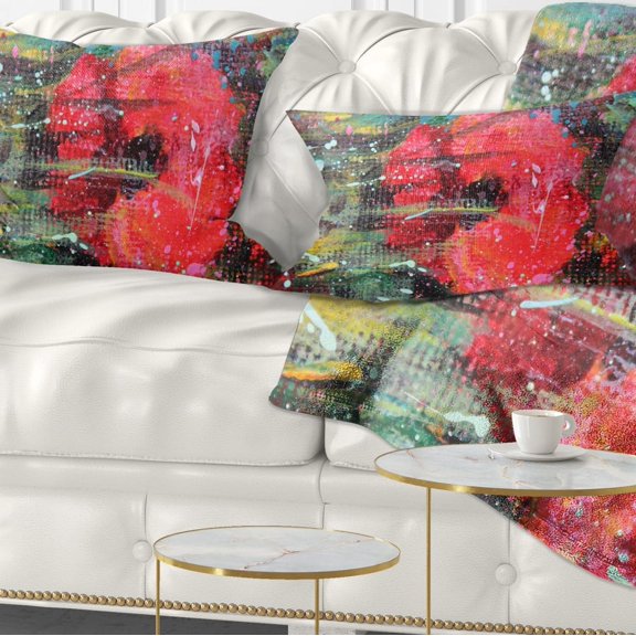 Designart Red Poppy Acrylic Drawing - Floral Throw Pillow - 12x20