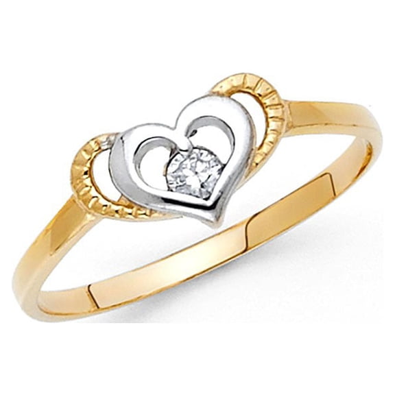 14k Two Tone Italian Solid Gold Round CZ Rope Framed Heart Ring 6mm