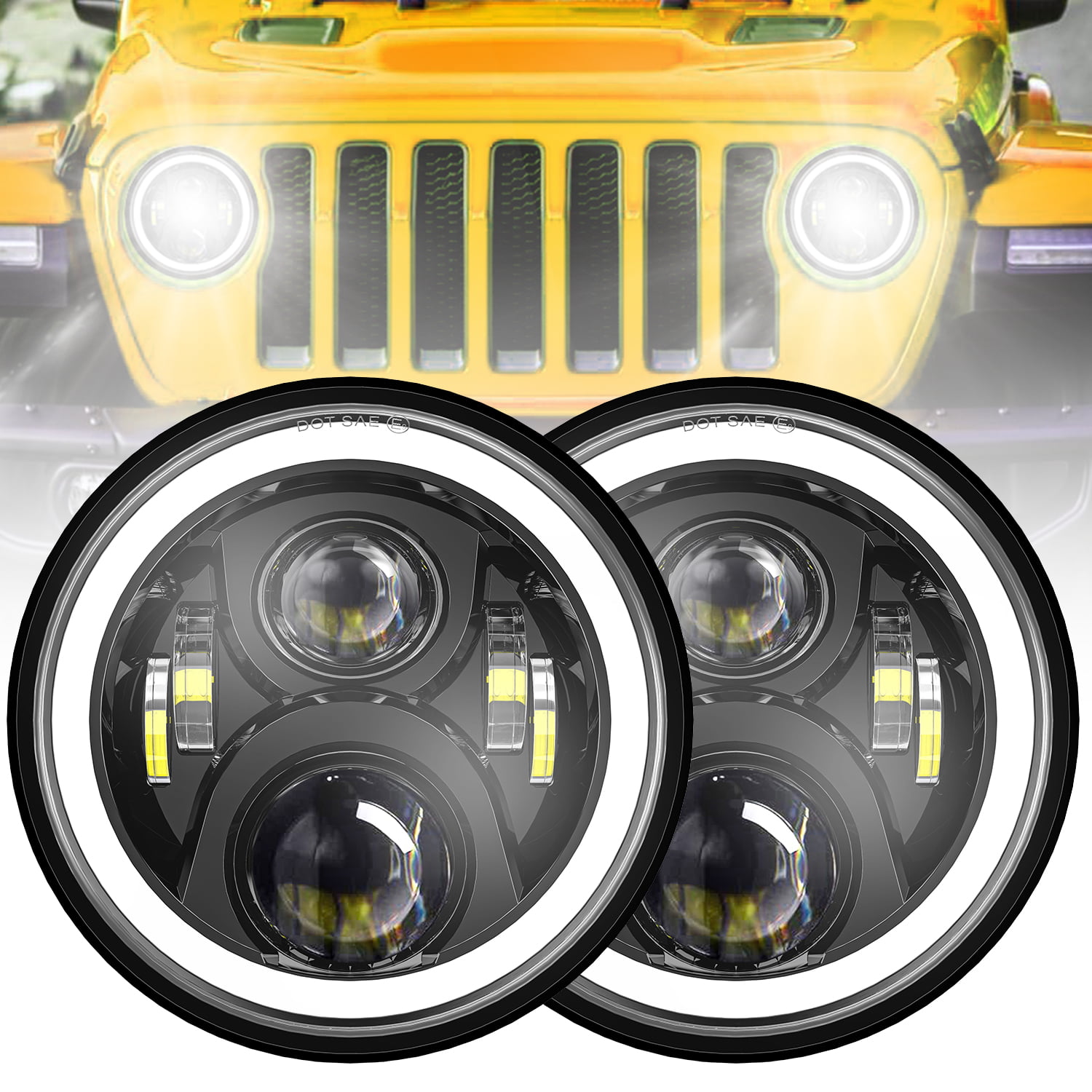 Tnjskce 2Pcs 7 Inch Round LED Headlights for Jeep Wrangler JK TJ LJ CJ  Hummer H1 H2 High Low Beam Headlight w/ DRL White Halo and Amber Turn  Signal Waterproof Car Light