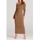 thumbnail image 5 of Vestido PRETTYGARDEN Bodycon Maxi con Hombros Descubiertos y Fruncido Marrón Claro, 5 of 8