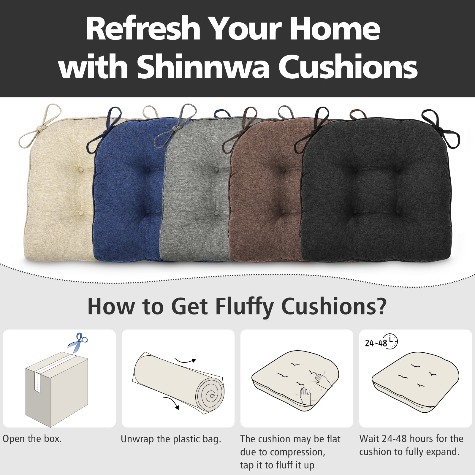 Shinnwa Chair Cushions for Kitchen Chairs Memory Foam Tufted Dining Chair Pads with Ties Non Slip Seat Cushions, Set of 4, Black