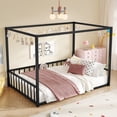 thumbnail image 2 of Bellemave Full Size Floor Bed Frame with 4-Poster and Fence Guardrails Metal Floor Canopy Bed Montessori Bed (Full, Black without Wardrobe), 2 of 9