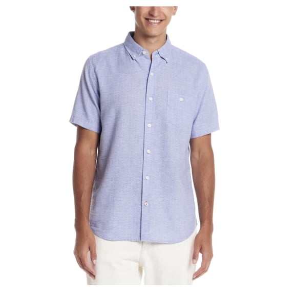 Weatherproof Vintage Mens Short Sleeve Linen Blend Woven Button Down Shirt (US, Alpha, Medium, Regular, Regular, Blue)