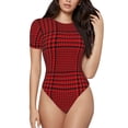thumbnail image 1 of Balery Red Black Houndstooth Body de cuello redondo de manga corta para mujer Tops de manga corta Tops básicos-Small, 1 of 7