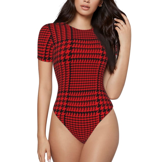 Balery Red Black Houndstooth Body de cuello redondo de manga corta para mujer Tops de manga corta Tops básicos-Small