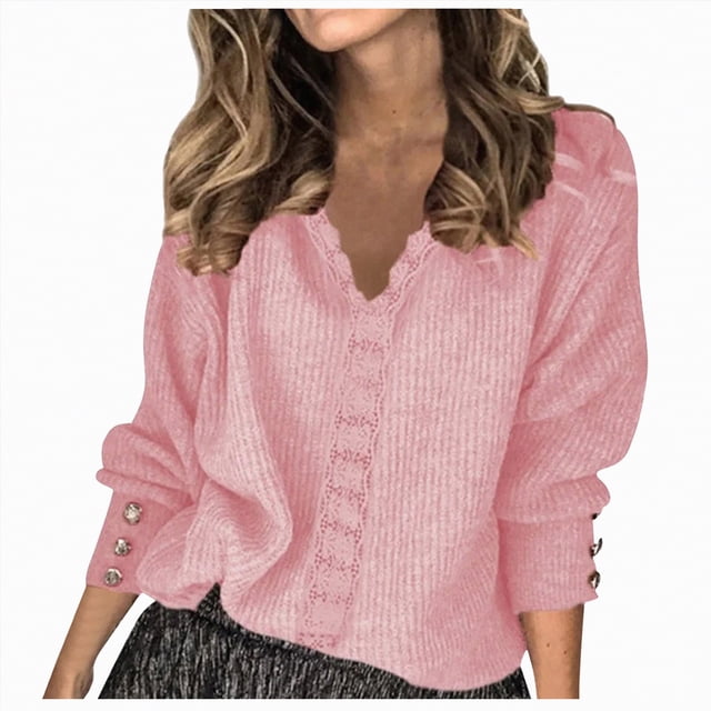 Splozh Knit Sweaters for Women Solid Color V Neck Lace Stitching Buttons Long Sleeves Sweater Pink,M