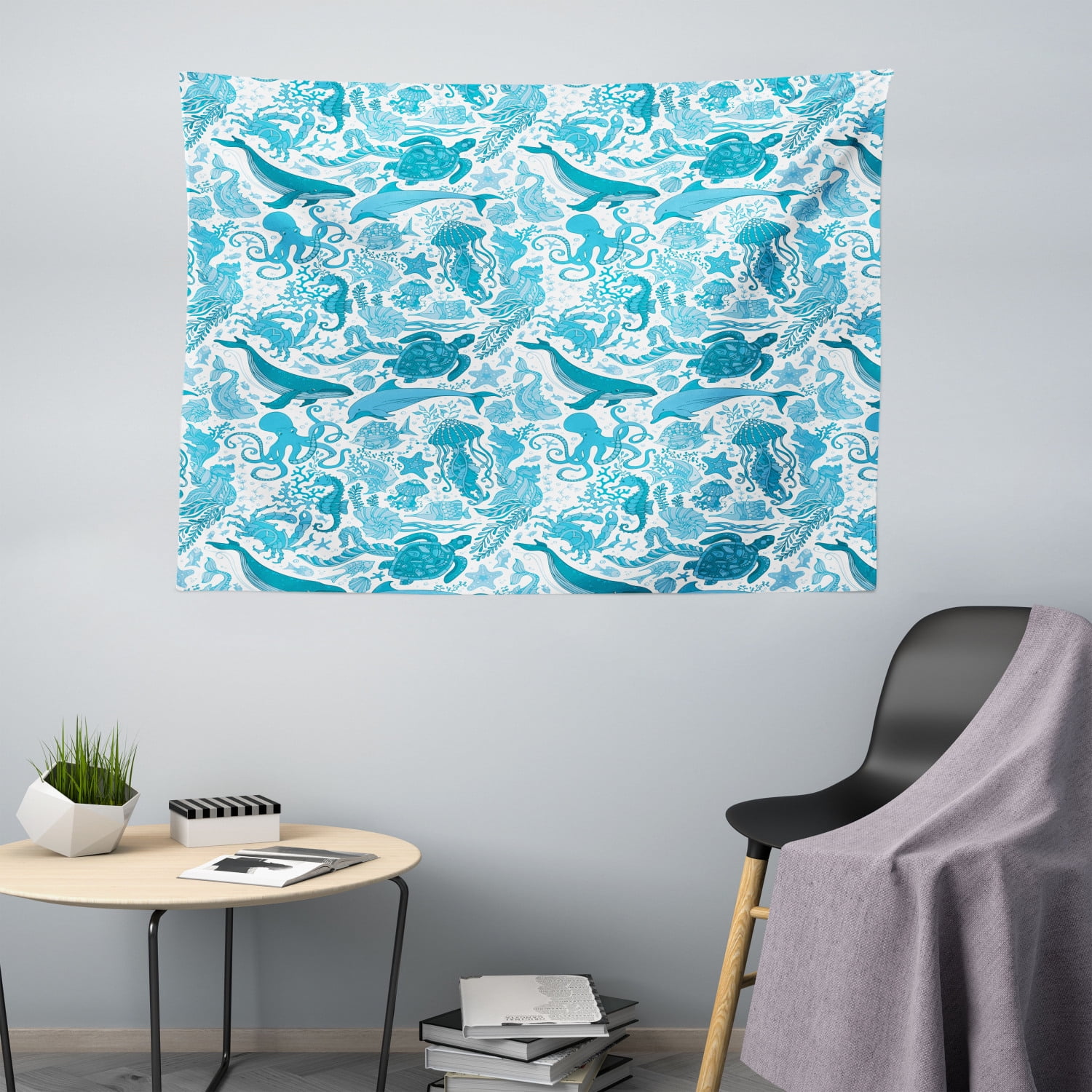 Whales Tapestry, Underwater Life Aquatic Creatures Algae Ocean Fauna ...