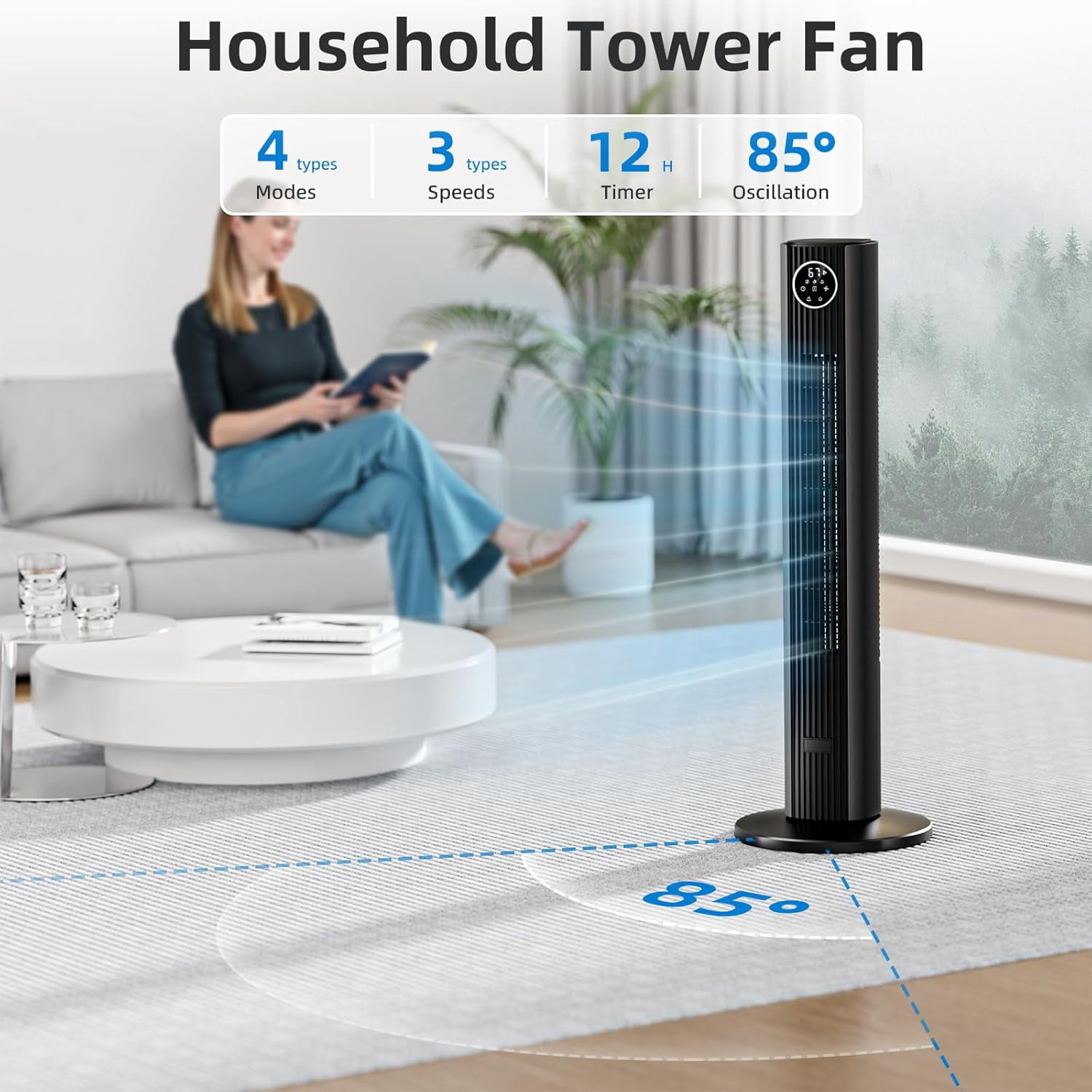 FREE VILLAGE 36 inch Tower Fan Portable Floor Fans,85°Oscillating Fan Quiet Cooling 12H Timer Remote Control Standing Bladeless Electric 3 Wind Speeds 4 Modes Bedroom Drom Office,Gray