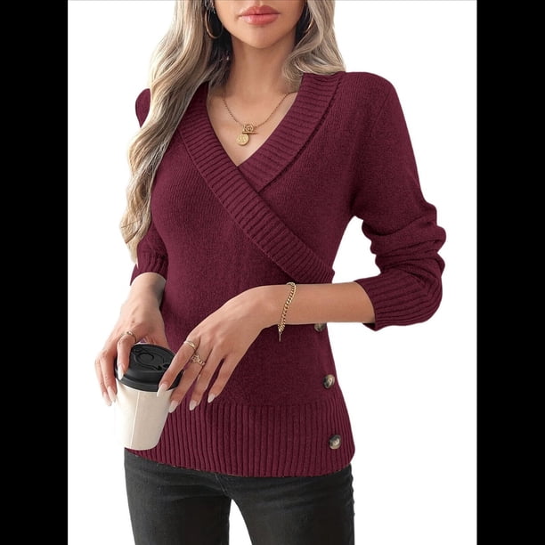 Suéteres de Larga con Cuello en V para Mujer, Suéteres Cruzados y Fruncidos, Blusas de Otoño Vino Tinto L