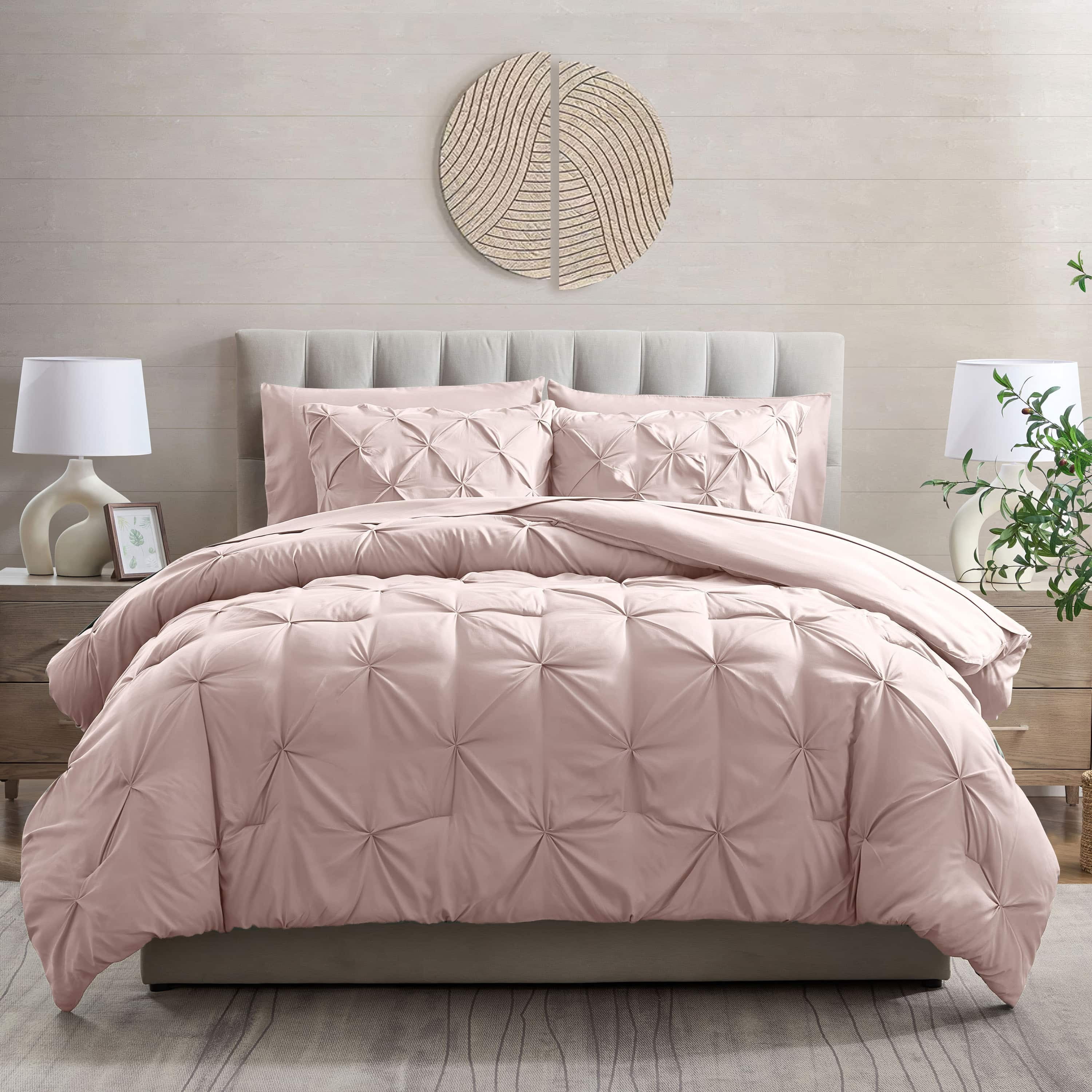 LammaLoe Twin XL Comforter Sets, 5 Piece Bed In A Bag Pintuck Bedding Sets, Peach Beige