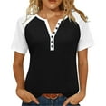 thumbnail image 3 of AGWOLF Womens V Neck Basic Tops Plus Size Color Block Tunic Shirts Summer Short Sleeve T Shirt Casual Button Tees, 3 of 9