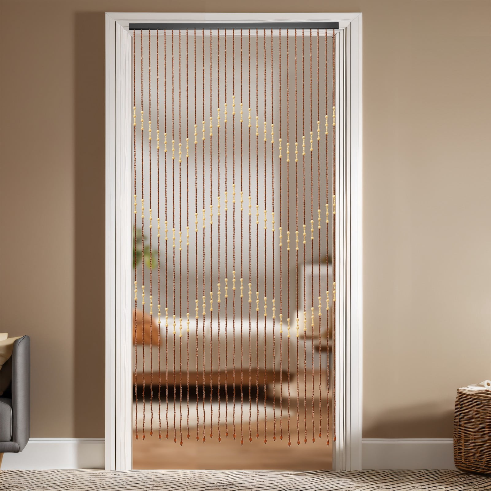 Wood Beaded Curtain 27 Line Wave Dense Fringe Beaded Door Curtain Retro Room Divider 90 x 175 cm
