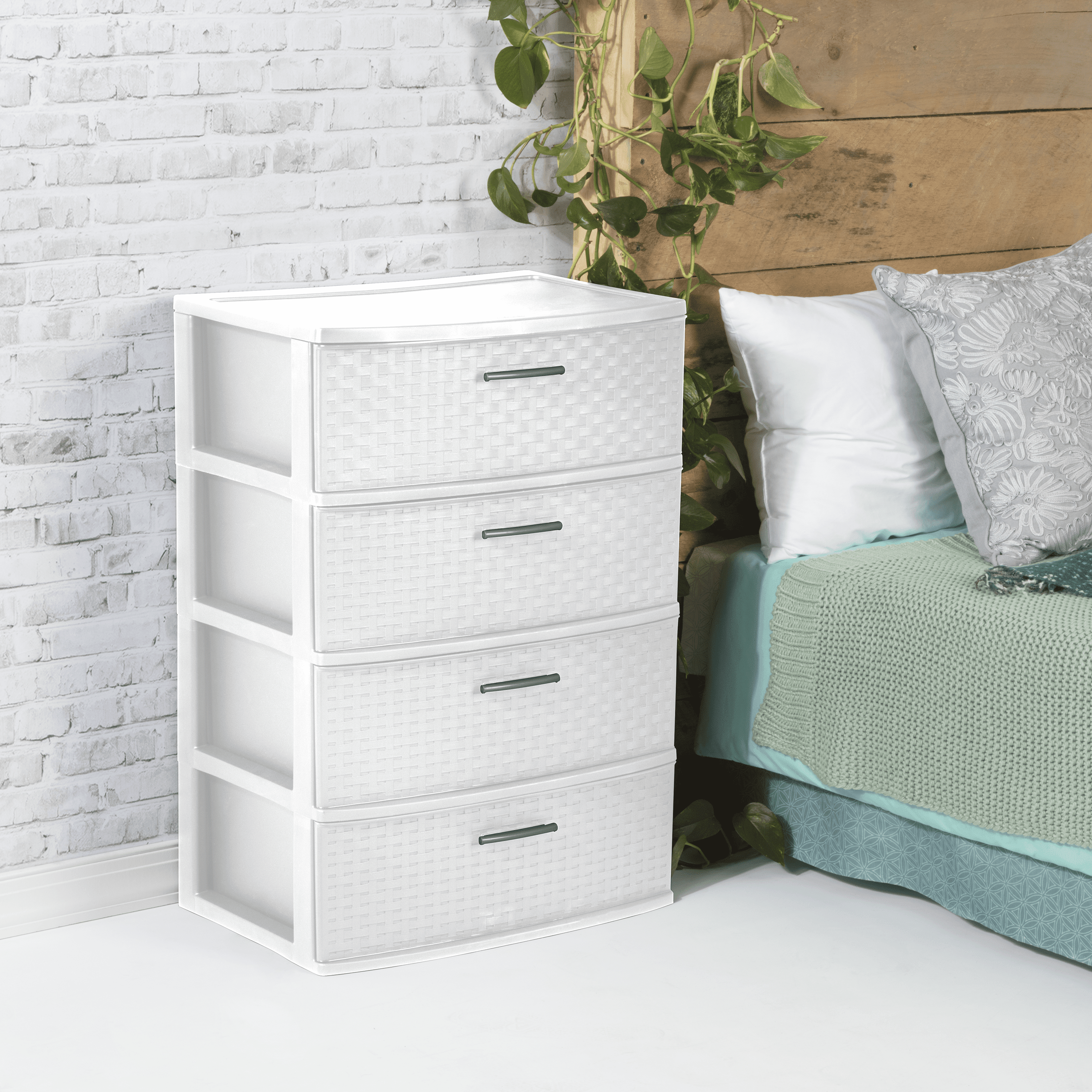 Sterilite 4 Drawer Wide Weave Tower, Plastic Décor Drawers with Pull Handles, White