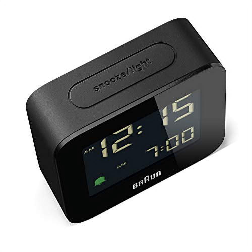 Braun Digital Travel Alarm Clock with Snooze, Compact Size, Negative LCD Display, Quick Set, Crescendo Beep Alarm in Black, model BC08B.