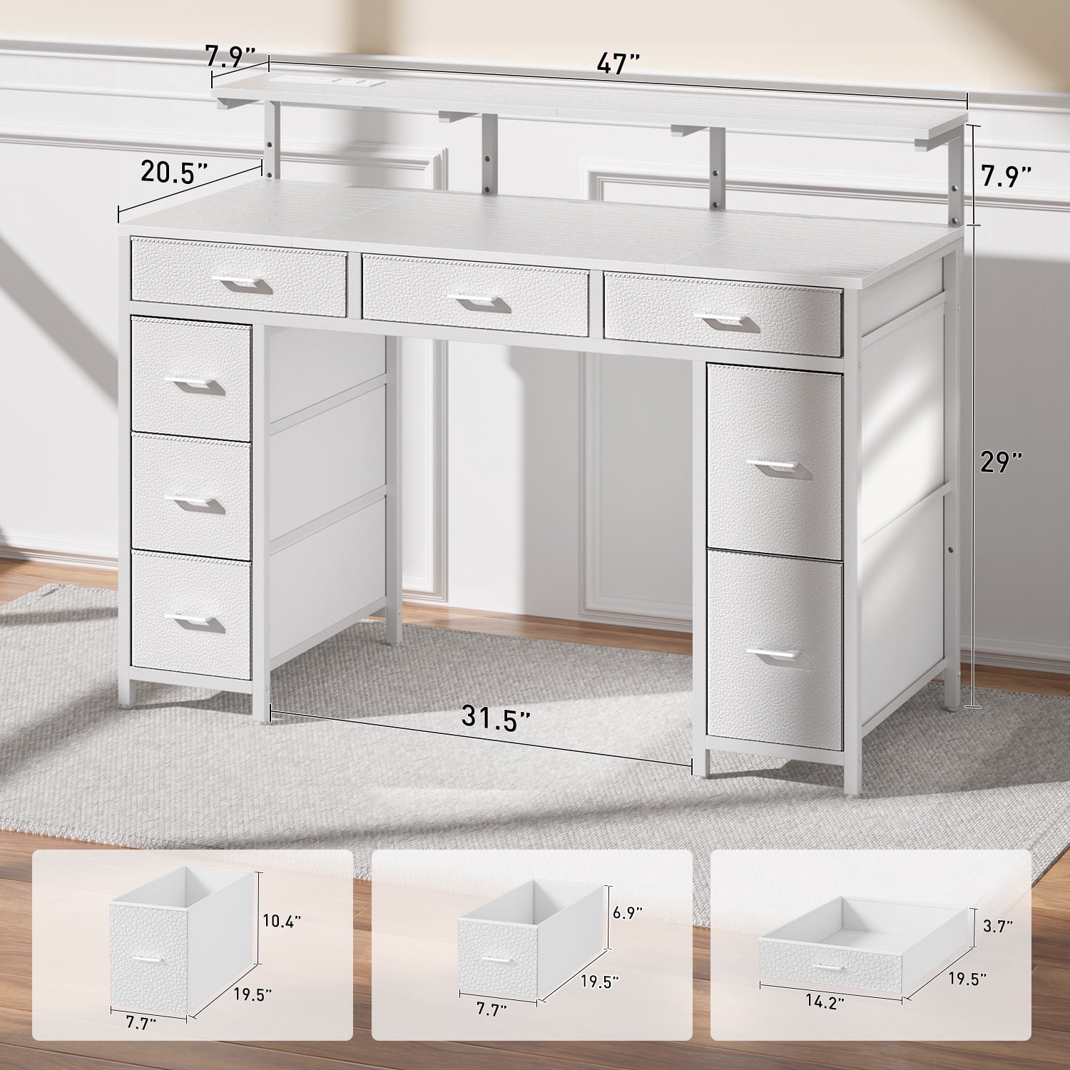 HLDIRECT 47 inch Computer Desk with 8 Drawers, Gaming Desk with LED Lights & USB Power Outlets, Home Office Table with Monitor Stand, White