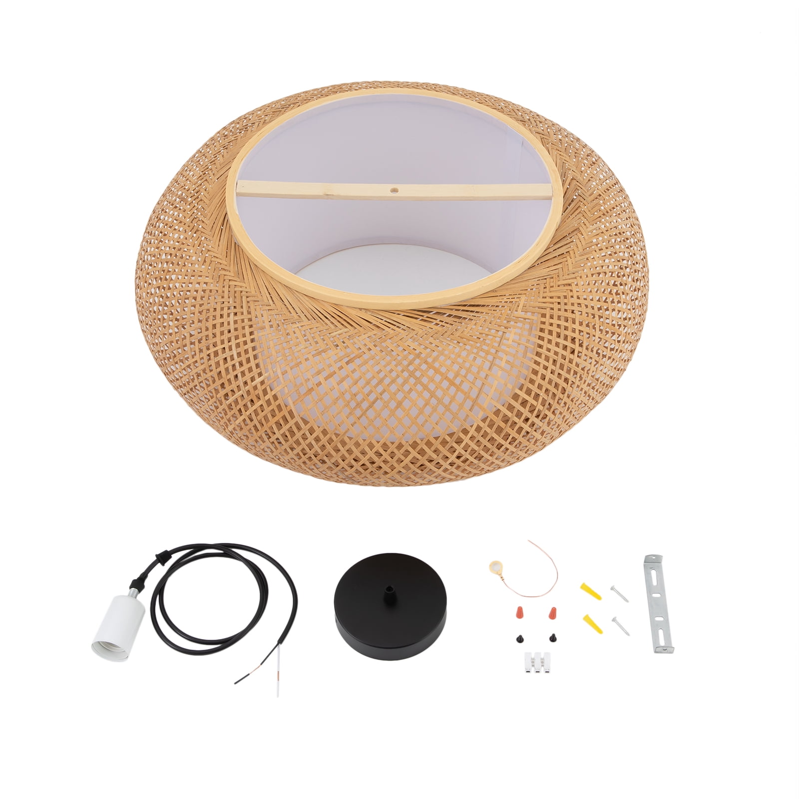 Natural Rattan Pendant Light, 23.5 inch φ Height Adjustable Hand-Woven Wickerwork Chandelier 1-Light Hanging Ceiling Light Fixture Beige