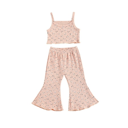 

Canrulo Summer Lovely Kids Girls Clothes Flowers Printed Strap Sleeveless Vest Tops Flare Pants 2pcs Sets Pink 18-24 Months