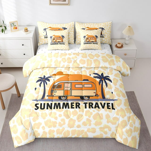 YST Happy Summer Travel Bedding Sets Yellow Leopard Print Comforter Set, 7-Piece Bed In A Bag, Twin Size, Polyester