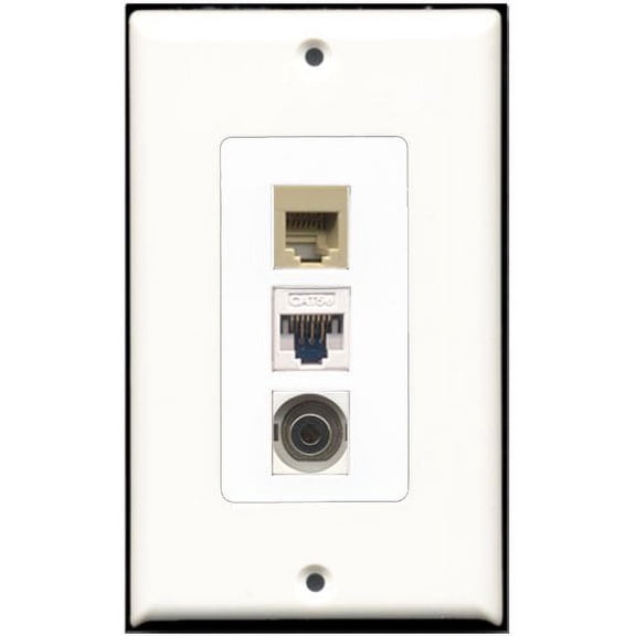 RiteAV - 1 Port Phone RJ11 RJ12 Beige 1 3.5mm 1 Cat5e Ethernet White Wall Plate Decorative