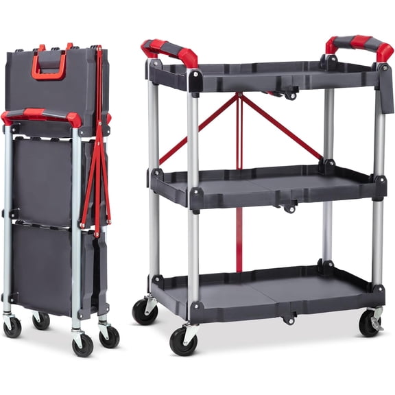 Riedhoff Folding 3 Tier Rolling Utility Cart, with Wheels, 167 LBS Max, Grey & Red