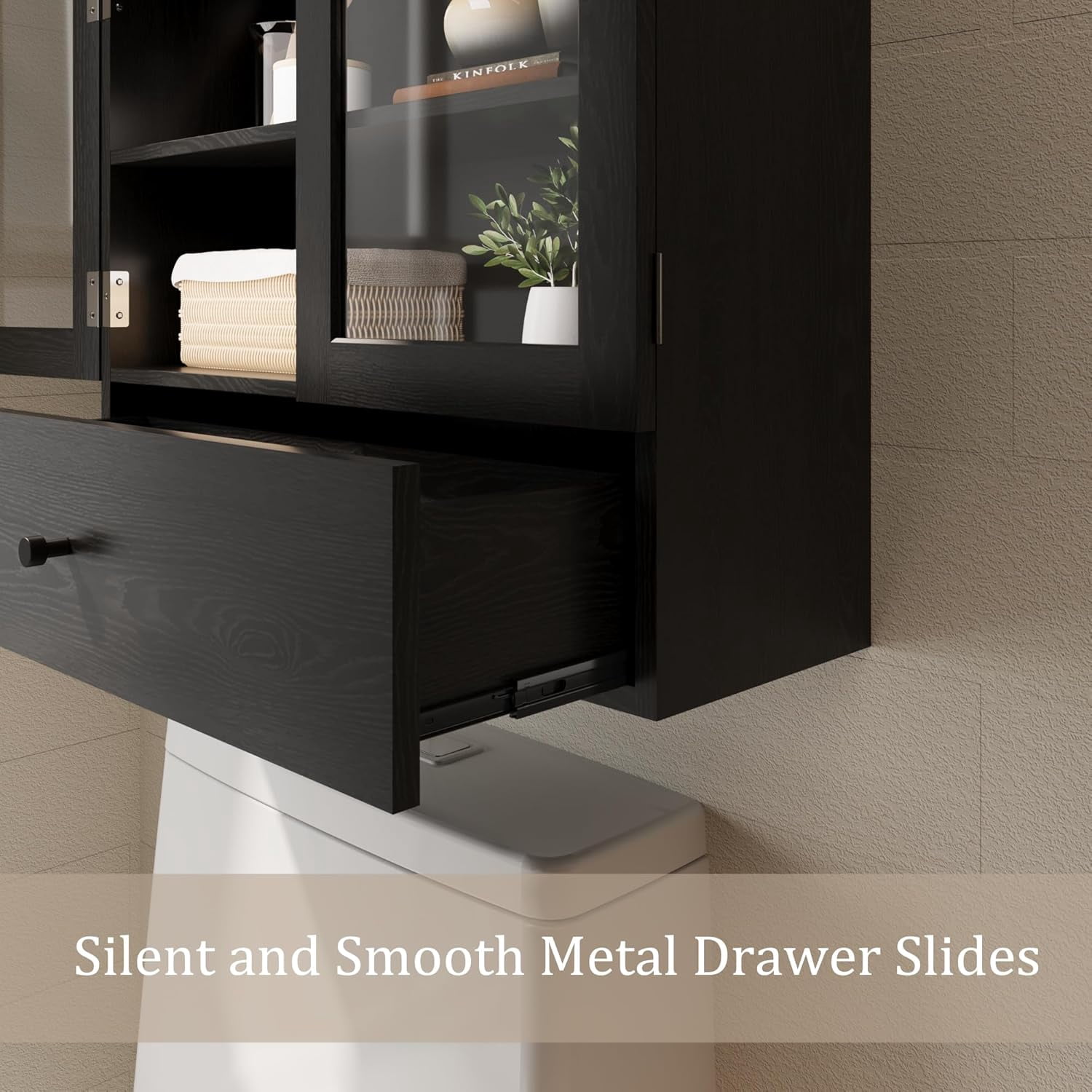 Wall Mounted Arched Medicine Cabinet, Bathroom Storage Cabinet with Glass Doors, Over The Toilet Floating Cabinet for Bedroom Kitchen, Black