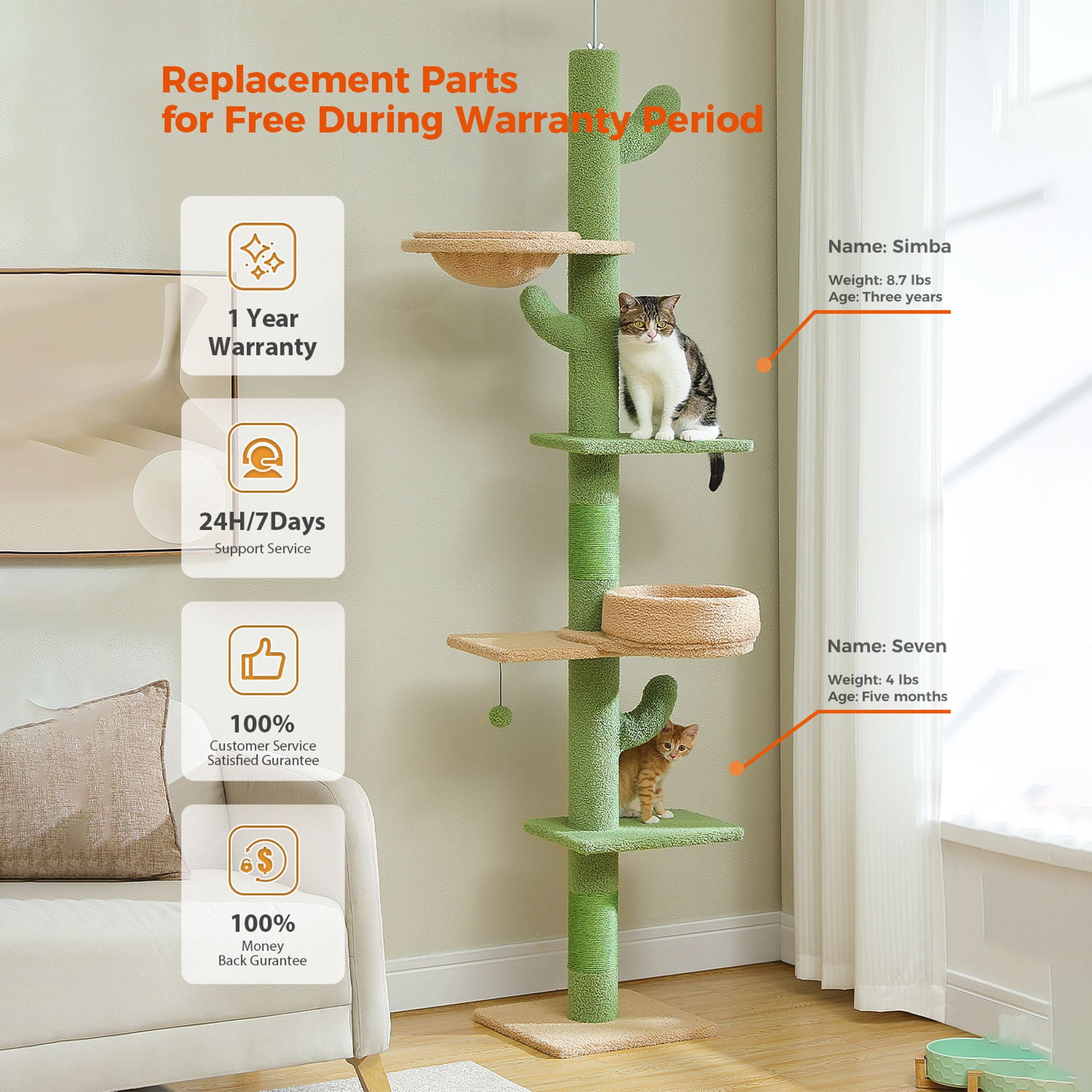 Kadyn (87"-100") Height Adjustable Floor to Ceiling Cat Tree, 5 Levels Cactus Cat Tower with Cat Perch and Hammock, Cat Climbing Activity Center, Green