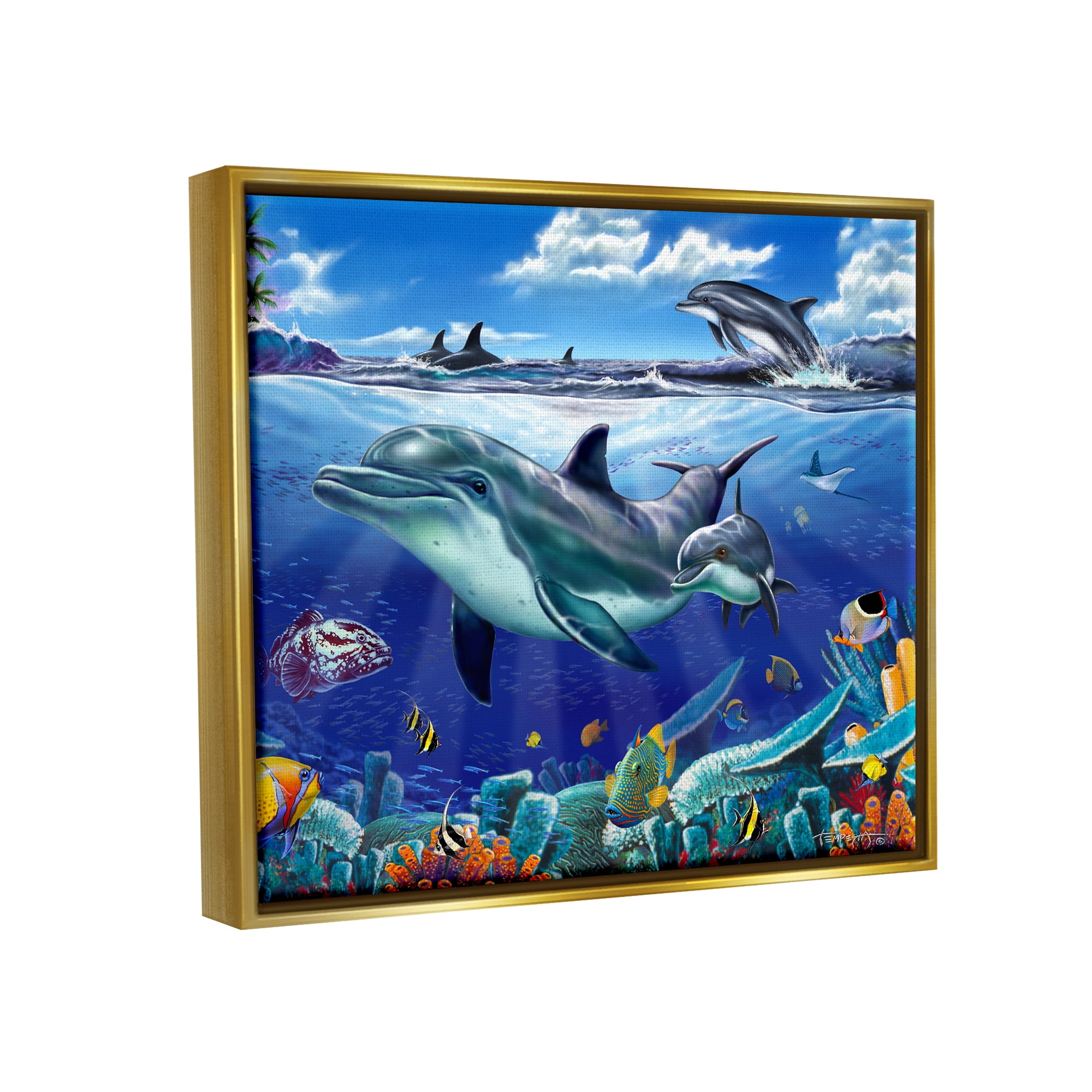 Stupell Industries Dolphins Swimming Bold Coral Reef Coastal Painting Gold Floater Framed Art Print Wall Art