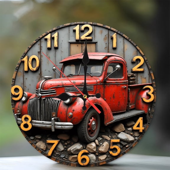 Vintage Red Pickup Truck Wall Clock Home Decor 10-Inch Silent Wooden Wall Clock, Battery Operated (AA Batteries Not Included), Artistic Home Decor