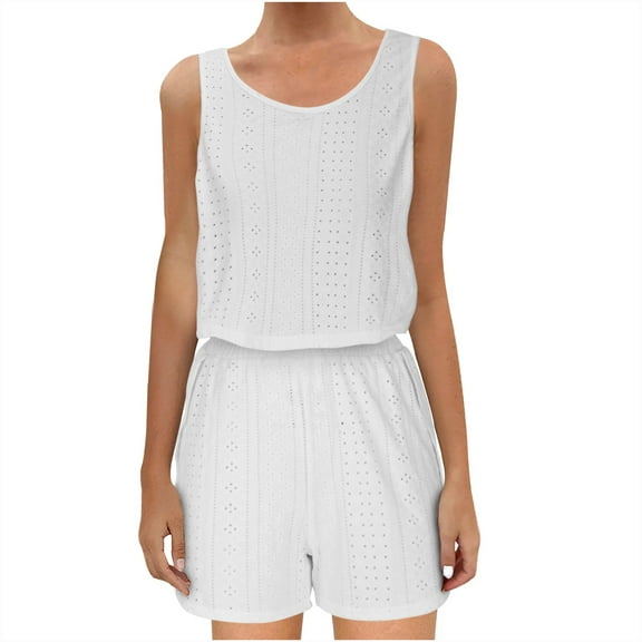 Timegard 2 Piece Summer Sets Eyelet Round Neck Tank Tops Matching High Waisted Shorts Beachwear Sets