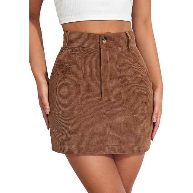 Falda corta de pana para mujer, cintura alta, entallada, con botones frontales, con bolsillo Marrón café M Marrón café M Xishao ropa