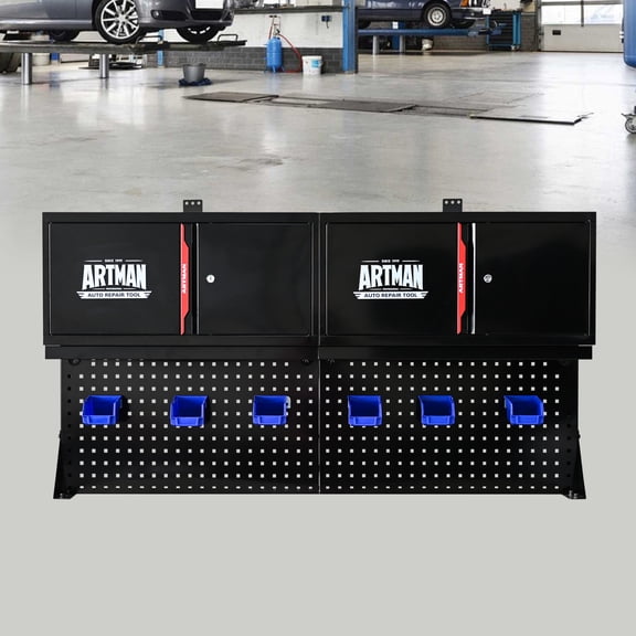 Noble House Wall-Mounted Double-Door Cabinet, Stainless Steel Pegboard Tool Rack with Hooks, Storage Shelf, Black & Red