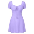 thumbnail image 6 of ClodeEU Women's Square Neck Front Tie Short Sleeve Mini Dress,Casual Slim Waist Flared A Line Sundress Purple,Women's Plus S, 6 of 6