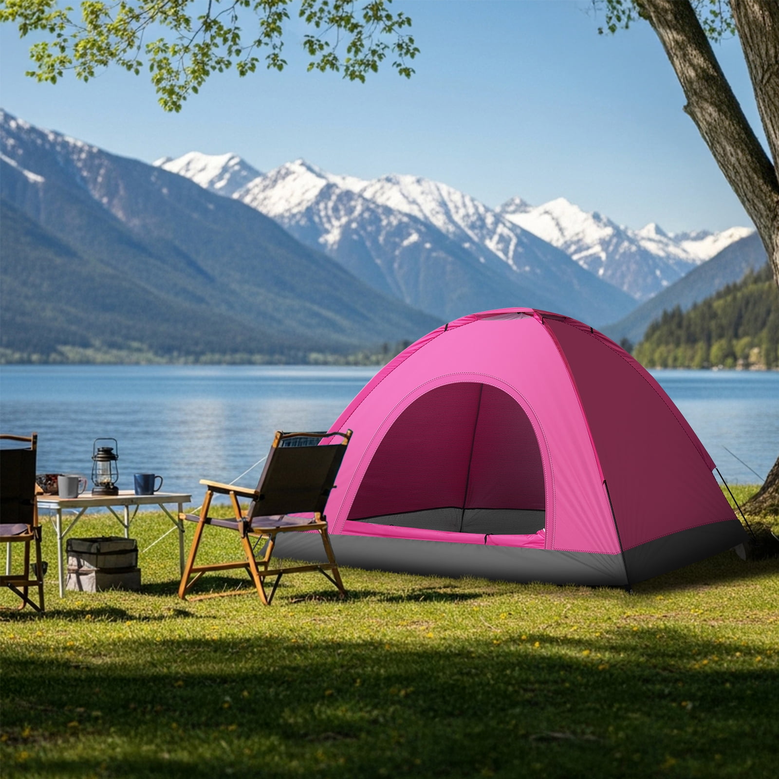 UBesGoo 3-4 Person Outdoor Camping Waterproof Tent Fast Family Dome, Shocking Pink
