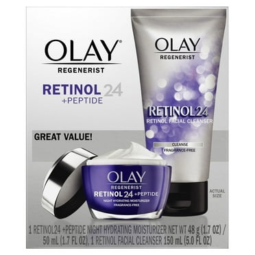 Olay Retinol 24 Anti-Aging Night, Duo Pack, Fragrance Free Night Moisturizer 50 mL, Exfoliating Cleanser 150 mL
