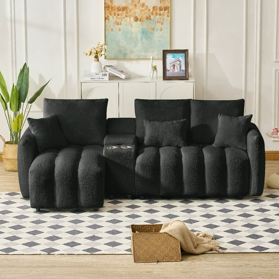 91.7" Premium Teddy Fabric Sofa with Charging Station and 2 Cup Holder, Modern Sectional Cloud Sofa with Console and Hidden Storable Indoor Funiture for Living Room, Apartment, Offices, Black