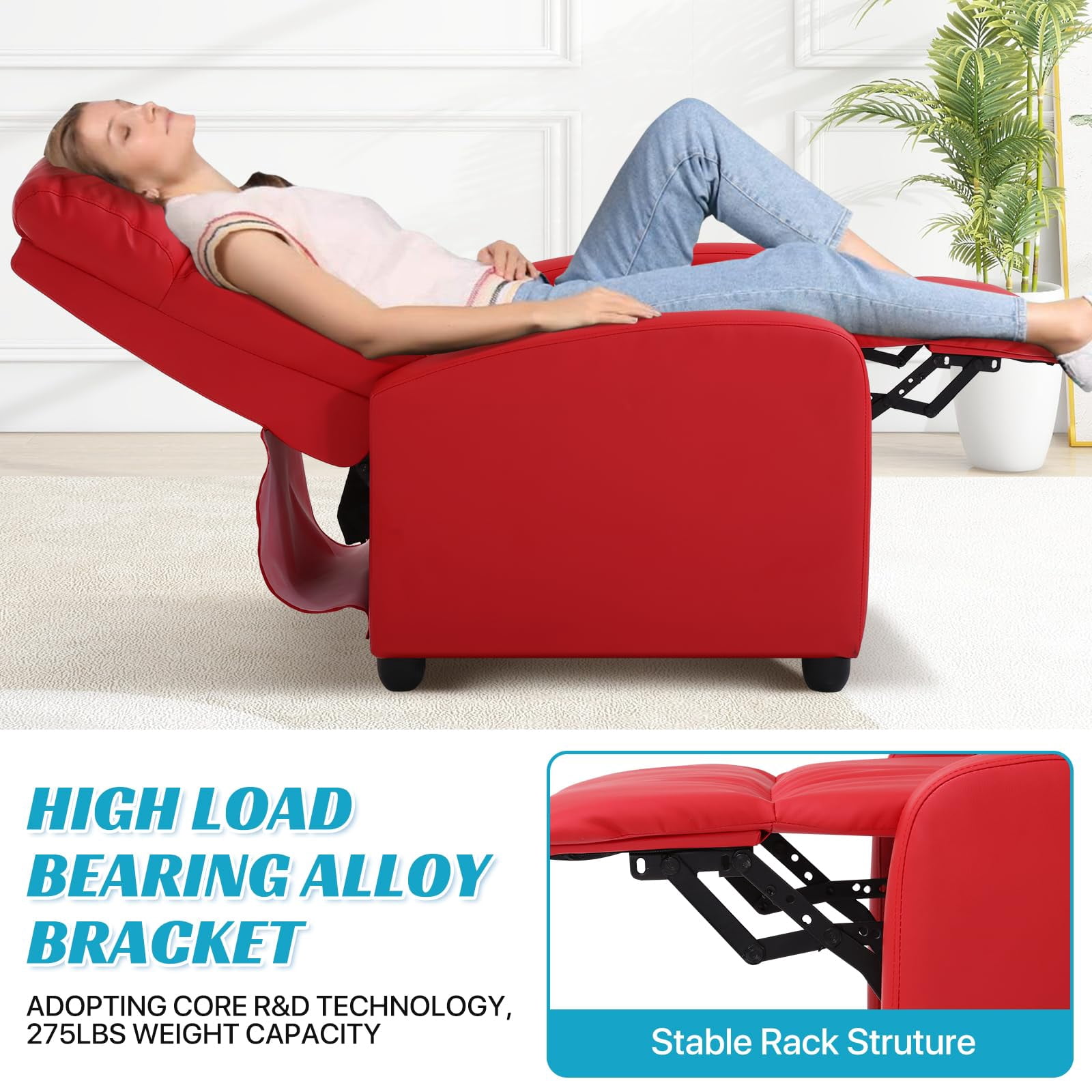 NiamVelo Recliner Chair for Adults, PU Leather Recliner Sofa with Lumbar Support, Adjustable Modern Reclining Chair with Padded Seat Backrest for Home, Living Room, Theater （Red）