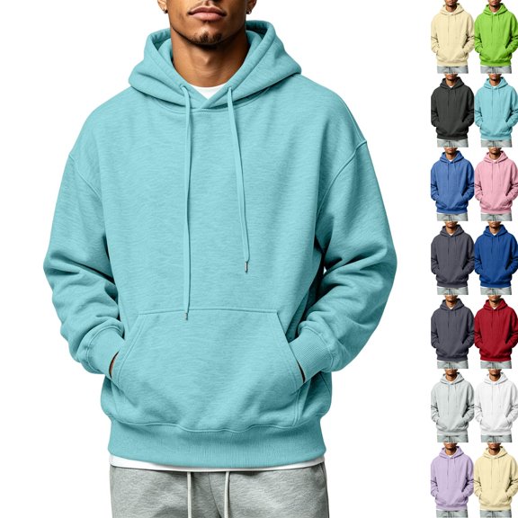 Men’s Loose Fit Hooded Pullover Sweatshirt, Soft Brushed Hoodie with Kangaroo Pocket & Drawstring Hood, Casual Long Sleeve Hood Top for Daily Life Sports Street Fashion Light Blue XL
