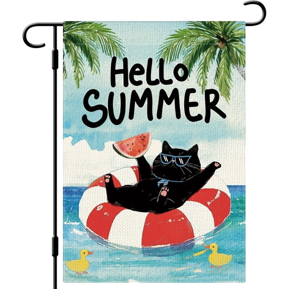 Summer Cat Garden Flag, 12x18 Inch Double-Sided Vertical Burlap Farmhouse Yard Flag, Seasonal Outdoor House Decoration