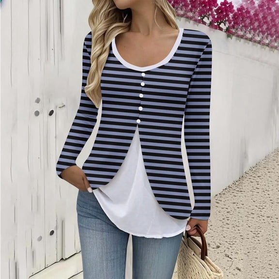 Women Fake Two Piece Patchwork Tunic Top Loose Crew Neck Button Up Henley Shirts Long Sleeve Dressy Casual Blouse