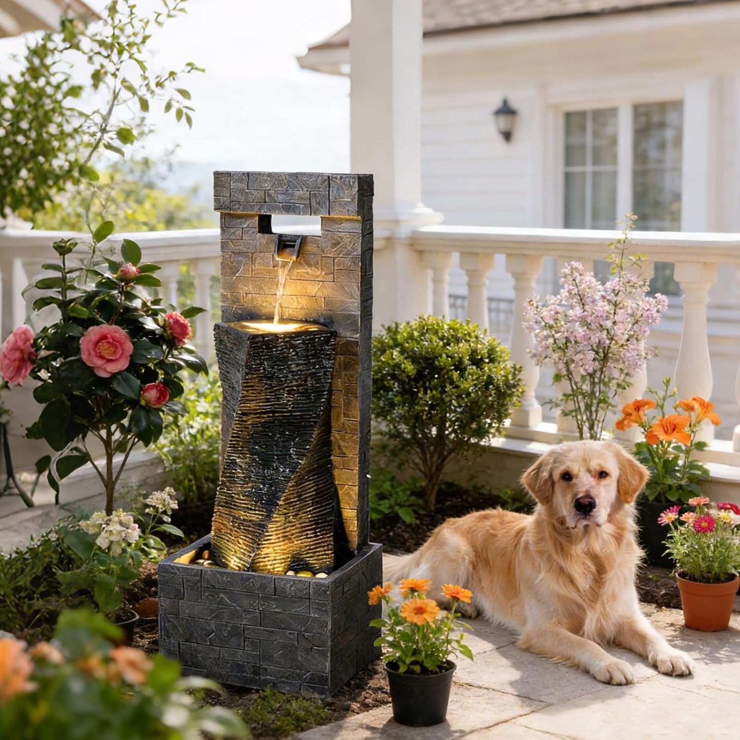 39.8’’ Tall Modern Spiral Waterfall Fountain Outdoor/Indoor Water Fountain Resin Stone-Like Water Feature with LED Lights for Outside, Garden, Patio, Porch, Deck, Backyard, Home Decor